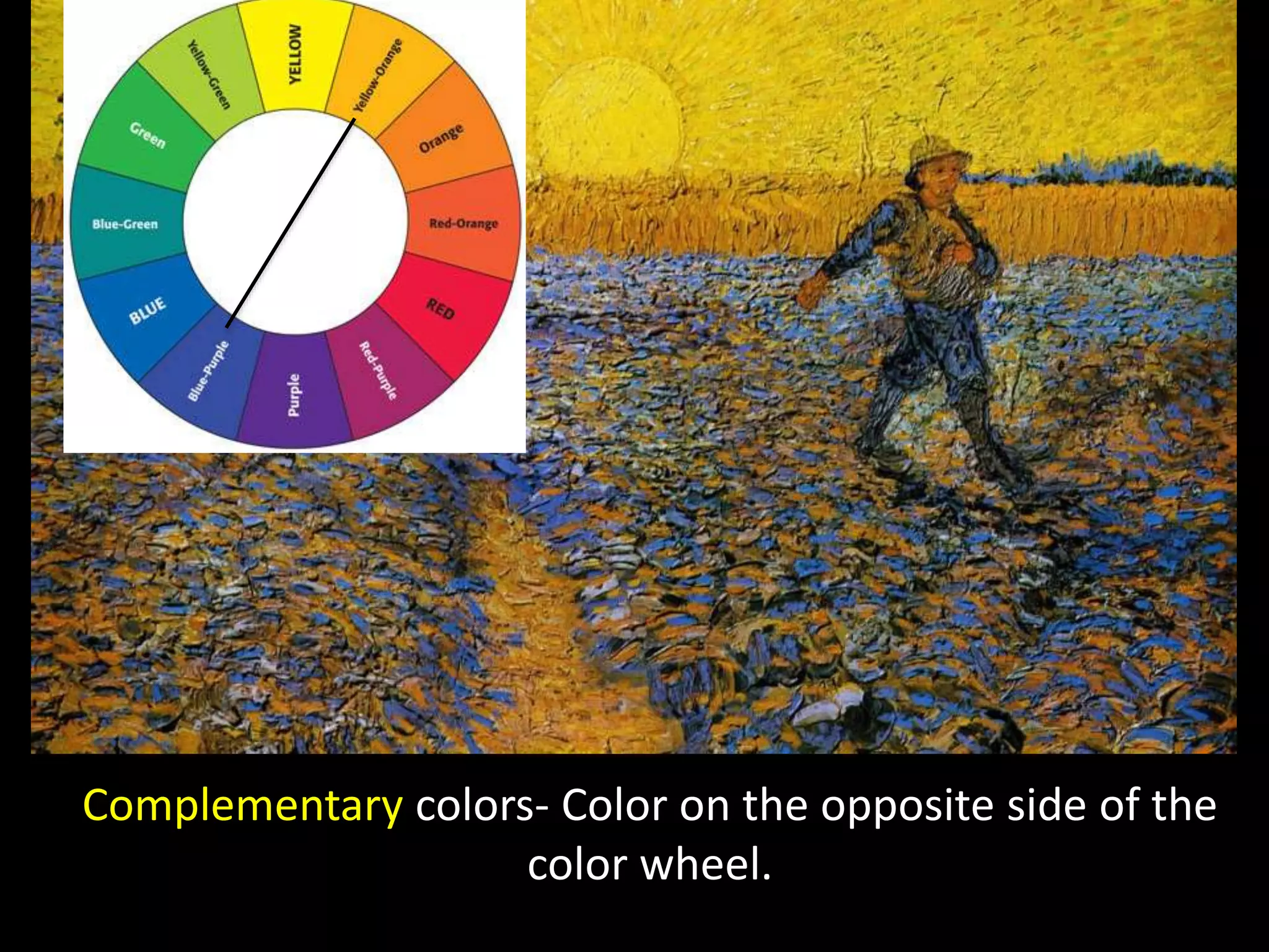 Complementary colors- Color on the opposite side of the
color wheel.
 