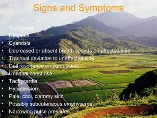 Signs and Symptoms
• Tachypnea
• Dyspnea
• Cyanosis
• Decreased or absent breath sounds on affected side
• Tracheal deviation to unaffected side
• Dull resonance on percussion
• Unequal chest rise
• Tachycardia
• Hypotension
• Pale, cool, clammy skin
• Possibly subcutaneous emphysema
• Narrowing pulse pressure
 