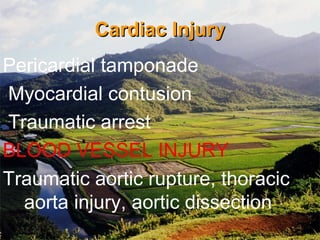 Cardiac InjuryCardiac Injury
Pericardial tamponade
Myocardial contusion
Traumatic arrest
BLOOD VESSEL INJURY
Traumatic aortic rupture, thoracic
aorta injury, aortic dissection
 