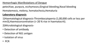 Hemorrhagic Manifestations of Dengue
petechiae, purpura, ecchymoses,Gingival bleeding,Nasal bleeding
Hematemesis, melena, hematochezia,Hematuria
Laboratory diagnosis
1)Haematological diagnosis-Thrombocytopenia (1,00,000 cells or less per
mm3),Haemoconcentration (> 20 % rise in haematocrit).
2)Microbiological diagnosis-
• Detection of antibody
• Detection of NS1 antigen
• Isolation of virus
• PCR
 