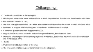 Chikungunya
• The virus is transmitted by Aedes aegypti.
• Chikungunya is the native name for the disease in which thepatient lies ‘doubled –up’ due to severe joint pains
• First reported Tanzania in 1952
• The virus first appeared in India 1963 when it caused extensive epidemics in Calcutta, Madras, and other areas.
• Outbreaks at irregular intervals along east coast of India and Maharashtra till 1973.
• It remained quiesent and then reappeared in 2006.
• Large outbreak in Andhra and Tamil Nadu which spread to Kerala, Karnataka and Delhi.
• There was a reemergence of the chikungunya virus in Indonesia, Schyecelles, Reunioun island of Indian ocean
and in India(2006-2007)
• due to-
1. Mutation in the E1 glycoprotein of the virus.
2. The virus was being taken up and transmitted byAedes albopiptus.
 