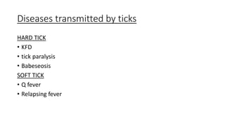 Diseases transmitted by ticks
HARD TICK
• KFD
• tick paralysis
• Babeseosis
SOFT TICK
• Q fever
• Relapsing fever
 