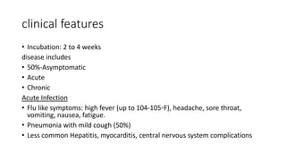clinical features
• Incubation: 2 to 4 weeks
disease includes
• 50%-Asymptomatic
• Acute
• Chronic
Acute Infection
• Flu like symptoms: high fever (up to 104-105◦F), headache, sore throat,
vomiting, nausea, fatigue.
• Pneumonia with mild cough (50%)
• Less common Hepatitis, myocarditis, central nervous system complications
 