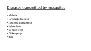 Diseases transmitted by mosquitos
• Malaria
• Lymphatic filariasis
• Japanese encephalitis
• Yellow fever
• Dengue fever
• Chikungunya
• Zika
 