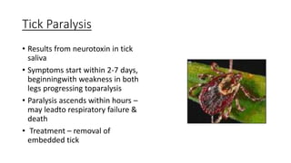 Tick Paralysis
• Results from neurotoxin in tick
saliva
• Symptoms start within 2-7 days,
beginningwith weakness in both
legs progressing toparalysis
• Paralysis ascends within hours –
may leadto respiratory failure &
death
• Treatment – removal of
embedded tick
 