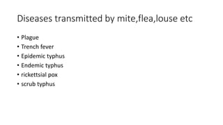 Diseases transmitted by mite,flea,louse etc
• Plague
• Trench fever
• Epidemic typhus
• Endemic typhus
• rickettsial pox
• scrub typhus
 