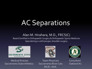 AC Separations
                Alan M. Hirahara, M.D., FRCS(C)
       Board Certified in Orthopaedic Surgery & Orthopaedic Sports Medicine
                    Specializing in arthroscopic shoulder surgery




     Medical Director               Team Physician              Consultant
Sacramento State Athletics       Sacramento River Cats          Oakland A’s
                                      MiLB - AAA
 