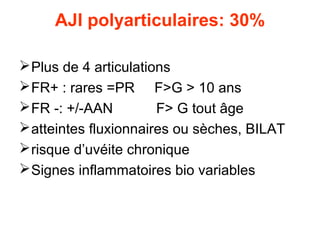 AJI polyarticulaires: 30%

 Plus de 4 articulations
 FR+ : rares =PR F>G > 10 ans
 FR -: +/-AAN         F> G tout âge
 atteintes fluxionnaires ou sèches, BILAT
 risque d’uvéite chronique
 Signes inflammatoires bio variables
 