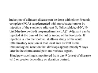 Induction of adjuvant disease can be done with either Freunds
complete (FCA) supplemented with mycobacterium or by
injection of the synthetic adjuvant N, Ndioctylddecyl-N', N-
bis(2-hydroxy-ethyl) propanediamine (LA)7. Adjuvant can be
injected at the base of the tail or in one of the foot pads. If
injection is into the footpad, it allows study of the acute
inflammatory reaction in that local area as well as the
immunological reaction that develops approximately 9 days
later in the contralateral paw and various organs.
Hind paw swelling is monitored from day 9 (onset of disease)
to15 or greater depending on duration desired.
 