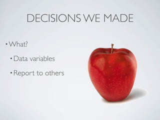 DECISIONS WE MADE

? What?

 ? Data   variables
 ? Report   to others
 