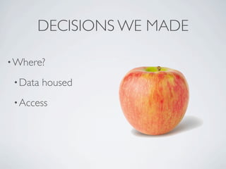 DECISIONS WE MADE

? Where?

 ? Data   housed
 ? Access
 