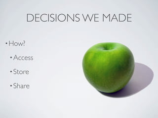 DECISIONS WE MADE

? How?

 ? Access

 ? Store

 ? Share
 