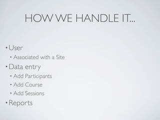 HOW WE HANDLE IT...

? User
 ? Associated   with a Site
? Data   entry
 ? Add Participants
 ? Add Course
 ? Add Sessions

? Reports
 