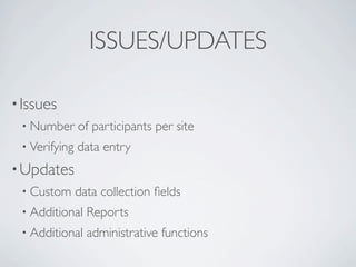 ISSUES/UPDATES

? Issues
 ? Number      of participants per site
 ? Verifying   data entry
? Updates
 ? Custom      data collection ?elds
 ? Additional    Reports
 ? Additional    administrative functions
 