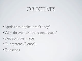 OBJECTIVES

? Apples are apples, arent they?
? Why do we have the spreadsheet?
? Decisions we made
? Our system (Demo)
? Questions
 