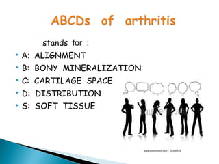 stands for :
 A: ALIGNMENT
 B: BONY MINERALIZATION
 C: CARTILAGE SPACE
 D: DISTRIBUTION
 S: SOFT TISSUE
 