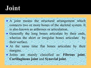  A joint means the structural arrangement which
connects two or more bones of the skeletal system. It
is also known as arthroses or articulation.
 Generally the long bones articulate by their ends,
whereas the short or irregular bones articulate by
their surface.
 At the same time flat bones articulate by their
margins.
 Joints are mainly classified as: Fibrous joint,
Cartilaginous joint and Synovial joint.
 
