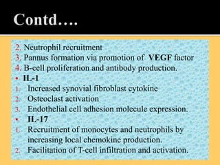 2. Neutrophil recruitment
3. Pannus formation via promotion of VEGF factor
4. B-cell proliferation and antibody production.
 IL-1
1. Increased synovial fibroblast cytokine
2. Osteoclast activation
3. Endothelial cell adhesion molecule expression.
 IL-17
1. Recruitment of monocytes and neutrophils by
increasing local chemokine production.
2. Facilitation of T-cell infiltration and activation.
 
