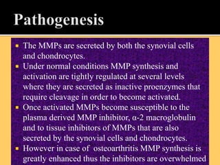  The MMPs are secreted by both the synovial cells
and chondrocytes.
 Under normal conditions MMP synthesis and
activation are tightly regulated at several levels
where they are secreted as inactive proenzymes that
require cleavage in order to become activated.
 Once activated MMPs become susceptible to the
plasma derived MMP inhibitor, α-2 macroglobulin
and to tissue inhibitors of MMPs that are also
secreted by the synovial cells and chondrocytes.
 However in case of osteoarthritis MMP synthesis is
greatly enhanced thus the inhibitors are overwhelmed
 