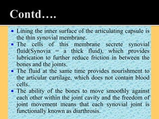  Lining the inner surface of the articulating capsule is
the thin synovial membrane.
 The cells of this membrane secrete synovial
fluid(Synovia = a thick fluid), which provides
lubrication to further reduce friction in between the
bones and the joints.
 The fluid at the same time provides nourishment to
the articular cartilage, which does not contain blood
cells.
 The ability of the bones to move smoothly against
each other within the joint cavity and the freedom of
joint movement means that each synovial joint is
functionally known as diarthrosis.
 