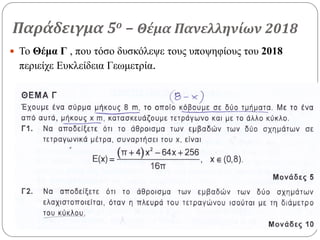 Παράδειγμα 5ο – Θέμα Πανελληνίων 2018
 Το Θέμα Γ , που τόσο δυσκόλεψε τους υποψηφίους του 2018
περιείχε Ευκλείδεια Γεωμετρία.
 