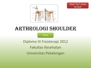 Arthrologi Shoulder
Diploma III Fisioterapi 2012
Fakultas Kesehatan
Universitas Pekalongan
Mulai
Tekan “esc” untuk
kembali
 