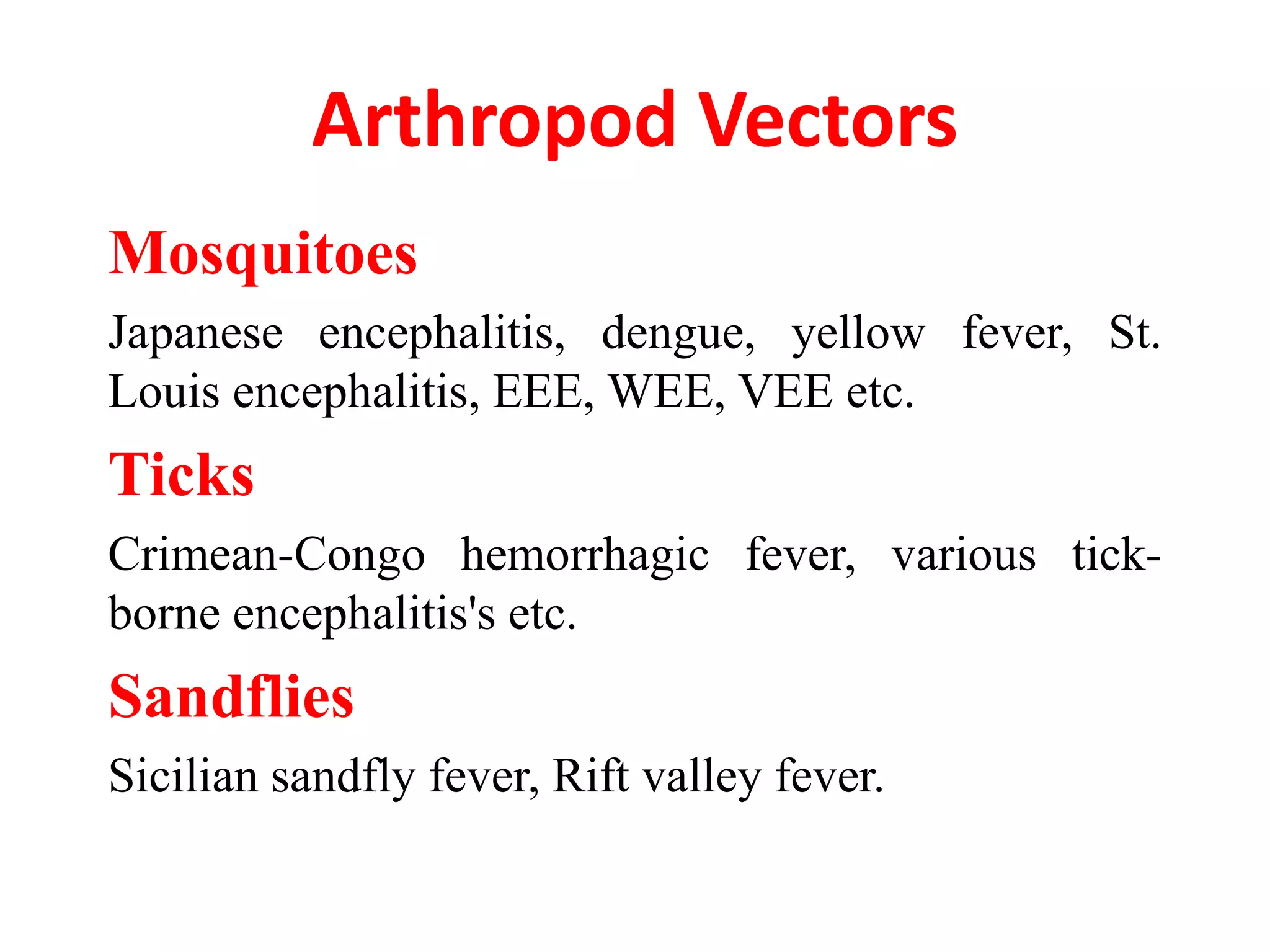 Arthropod Vectors
Mosquitoes
Japanese encephalitis, dengue, yellow fever, St.
Louis encephalitis, EEE, WEE, VEE etc.
Ticks
Crimean-Congo hemorrhagic fever, various tick-
borne encephalitis's etc.
Sandflies
Sicilian sandfly fever, Rift valley fever.
 