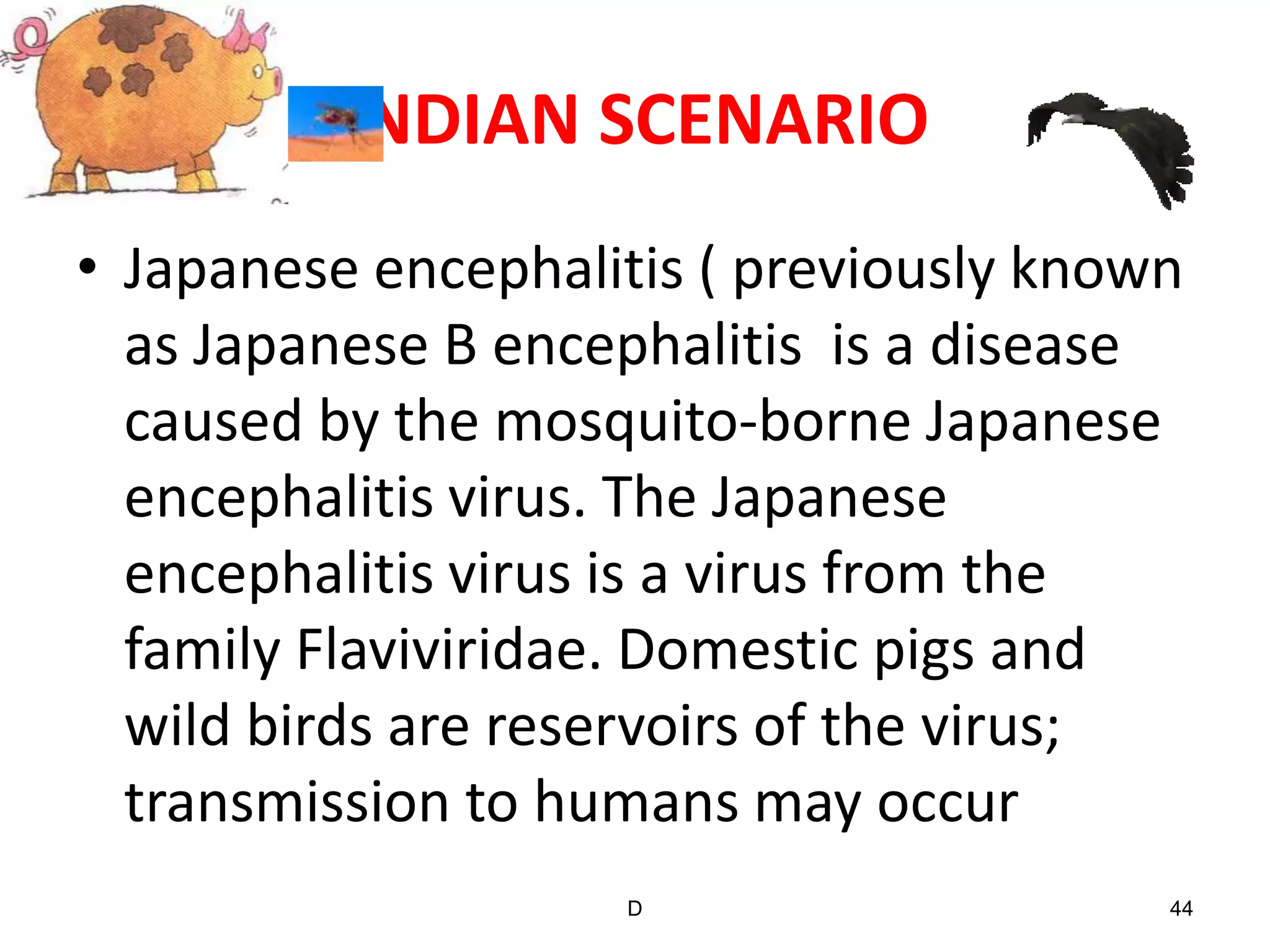 INDIAN SCENARIO
• Japanese encephalitis ( previously known
  as Japanese B encephalitis is a disease
  caused by the mosquito-borne Japanese
  encephalitis virus. The Japanese
  encephalitis virus is a virus from the
  family Flaviviridae. Domestic pigs and
  wild birds are reservoirs of the virus;
  transmission to humans may occur
                    D                    44
 