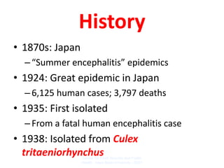 History
• 1870s: Japan
  – “Summer encephalitis” epidemics
• 1924: Great epidemic in Japan
  – 6,125 human cases; 3,797 deaths
• 1935: First isolated
  – From a fatal human encephalitis case
• 1938: Isolated from Culex
  tritaeniorhynchus
                 Center for Food Security and Public
                 Health Iowa State University - 2007
 