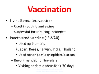 Vaccination
• Live attenuated vaccine
  – Used in equine and swine
  – Successful for reducing incidence
• Inactivated vaccine (JE-VAX)
     • Used for humans
     • Japan, Korea, Taiwan, India, Thailand
     • Used for endemic or epidemic areas
  – Recommended for travelers
     • Visiting endemic areas for > 30 days
                  Center for Food Security and Public
                  Health Iowa State University - 2007
 