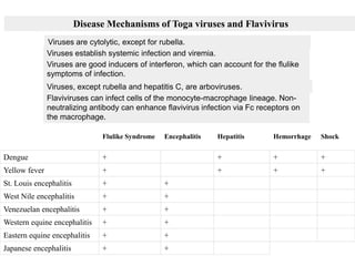 Disease Mechanisms of Toga viruses and Flavivirus
               Viruses are cytolytic, except for rubella.
               Viruses establish systemic infection and viremia.
               Viruses are good inducers of interferon, which can account for the flulike
               symptoms of infection.
               Viruses, except rubella and hepatitis C, are arboviruses.
               Flaviviruses can infect cells of the monocyte-macrophage lineage. Non-
               neutralizing antibody can enhance flavivirus infection via Fc receptors on
               the macrophage.

                               Flulike Syndrome   Encephalitis   Hepatitis       Hemorrhage   Shock


Dengue                         +                                 +               +            +
Yellow fever                   +                                 +               +            +
St. Louis encephalitis         +                  +
West Nile encephalitis         +                  +
Venezuelan encephalitis        +                  +
Western equine encephalitis    +                  +
Eastern equine encephalitis    +                  +
Japanese encephalitis          +                  +
 