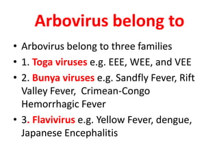 Arbovirus belong to
• Arbovirus belong to three families
• 1. Toga viruses e.g. EEE, WEE, and VEE
• 2. Bunya viruses e.g. Sandfly Fever, Rift
  Valley Fever, Crimean-Congo
  Hemorrhagic Fever
• 3. Flavivirus e.g. Yellow Fever, dengue,
  Japanese Encephalitis
 