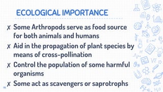 ECOLOGICAL IMPORTANCE
✘ Some Arthropods serve as food source
for both animals and humans
✘ Aid in the propagation of plant species by
means of cross-pollination
✘ Control the population of some harmful
organisms
✘ Some act as scavengers or saprotrophs19
 