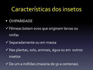 Características dos insetos
 OVIPARIDADE
 Fêmeas botam ovos que originam larvas ou
  ninfas
 Separadamente ou em massa
 Nas plantas, solo, animais, água ou em outros
  insetos
 De um a milhões (maioria de 50 a centenas)
 