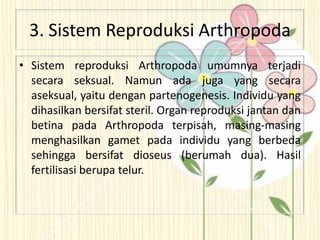 3. Sistem Reproduksi Arthropoda
• Sistem reproduksi Arthropoda umumnya terjadi
secara seksual. Namun ada juga yang secara
aseksual, yaitu dengan partenogenesis. Individu yang
dihasilkan bersifat steril. Organ reproduksi jantan dan
betina pada Arthropoda terpisah, masing-masing
menghasilkan gamet pada individu yang berbeda
sehingga bersifat dioseus (berumah dua). Hasil
fertilisasi berupa telur.
 