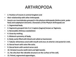 ARTHROPODA
• 2. Position of insects in animal kingdom and
• their relationship with other Arthropods
• Insects are invertebrates grouped in the phylum Arthropoda (Arthro-joint, poda-
foot) and subphylum Uniramia. Characters of the Phylum Arthropoda are
• 1. Segmented body
• 2. Segments grouped into 2 or 3 regions (tagma) known as Tagmosis.
• 3. Renewable chitinous exoskeleton
• 4. Grow by molting.
• 5. Bilateral symmetry of body.
• 6. Body cavity filled with blood and called as haemocoel.
• 7. Tubular alimentary canal with mouth and anus at anterior and posterior ends.
• 8. Dorsal heart with valve like ostia.
• 9. Dorsal brain with ventral nerve cord.
• 10. Striated muscles (with dark and light bands).
• 11. No cilia (hair like vibratile structure on the surface of the cell).
• 12. Paired, segmented appendages.
 