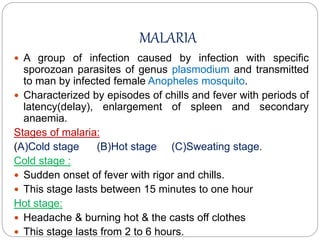 MALARIA
 A group of infection caused by infection with specific
sporozoan parasites of genus plasmodium and transmitted
to man by infected female Anopheles mosquito.
 Characterized by episodes of chills and fever with periods of
latency(delay), enlargement of spleen and secondary
anaemia.
Stages of malaria:
(A)Cold stage (B)Hot stage (C)Sweating stage.
Cold stage :
 Sudden onset of fever with rigor and chills.
 This stage lasts between 15 minutes to one hour
Hot stage:
 Headache & burning hot & the casts off clothes
 This stage lasts from 2 to 6 hours.
 