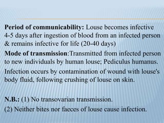 Period of communicability: Louse becomes infective
4-5 days after ingestion of blood from an infected person
& remains infective for life (20-40 days)
Mode of transmission:Transmitted from infected person
to new individuals by human louse; Pediculus humanus.
Infection occurs by contamination of wound with louse's
body fluid, following crushing of louse on skin.
N.B.: (1) No transovarian transmission.
(2) Neither bites nor faeces of louse cause infection.
 