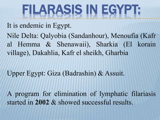FILARASIS IN EGYPT:
It is endemic in Egypt.
Nile Delta: Qalyobia (Sandanhour), Menoufia (Kafr
al Hemma & Shenawaii), Sharkia (El korain
village), Dakahlia, Kafr el sheikh, Gharbia
Upper Egypt: Giza (Badrashin) & Assuit.
A program for elimination of lymphatic filariasis
started in 2002 & showed successful results.
 