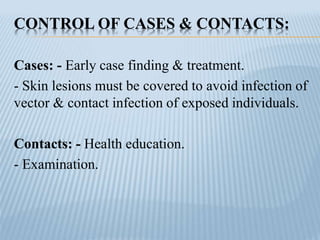 CONTROL OF CASES & CONTACTS:
Cases: - Early case finding & treatment.
- Skin lesions must be covered to avoid infection of
vector & contact infection of exposed individuals.
Contacts: - Health education.
- Examination.
 