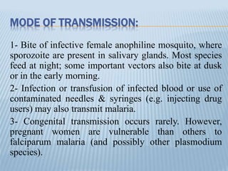 MODE OF TRANSMISSION:
1- Bite of infective female anophiline mosquito, where
sporozoite are present in salivary glands. Most species
feed at night; some important vectors also bite at dusk
or in the early morning.
2- Infection or transfusion of infected blood or use of
contaminated needles & syringes (e.g. injecting drug
users) may also transmit malaria.
3- Congenital transmission occurs rarely. However,
pregnant women are vulnerable than others to
falciparum malaria (and possibly other plasmodium
species).
 