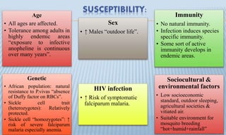 SUSCEPTIBILITY:
Age
• All ages are affected.
• Tolerance among adults in
highly endemic areas
“exposure to infective
anopheline is continuous
over many years”.
Sex
• ↑ Males “outdoor life”.
Immunity
• No natural immunity.
• Infection induces species
specific immunity.
• Some sort of active
immunity develops in
endemic areas.
Genetic
• African population: natural
resistance to P.vivas “absence
of Duffy factor on RBCs”.
• Sickle cell trait
(heterozygotes): Relatively
protected.
• Sickle cell “homozygotes”: ↑
risk of severe falciparum
malaria especially anemia.
HIV infection
• ↑ Risk of symptomatic
falciparum malaria.
Sociocultural &
environmental factors
• Low socioeconomic
standard, outdoor sleeping,
agricultural societies &
vitiated air.
• Suitable environment for
mosquito breeding
“hot+humid+rainfall”
 