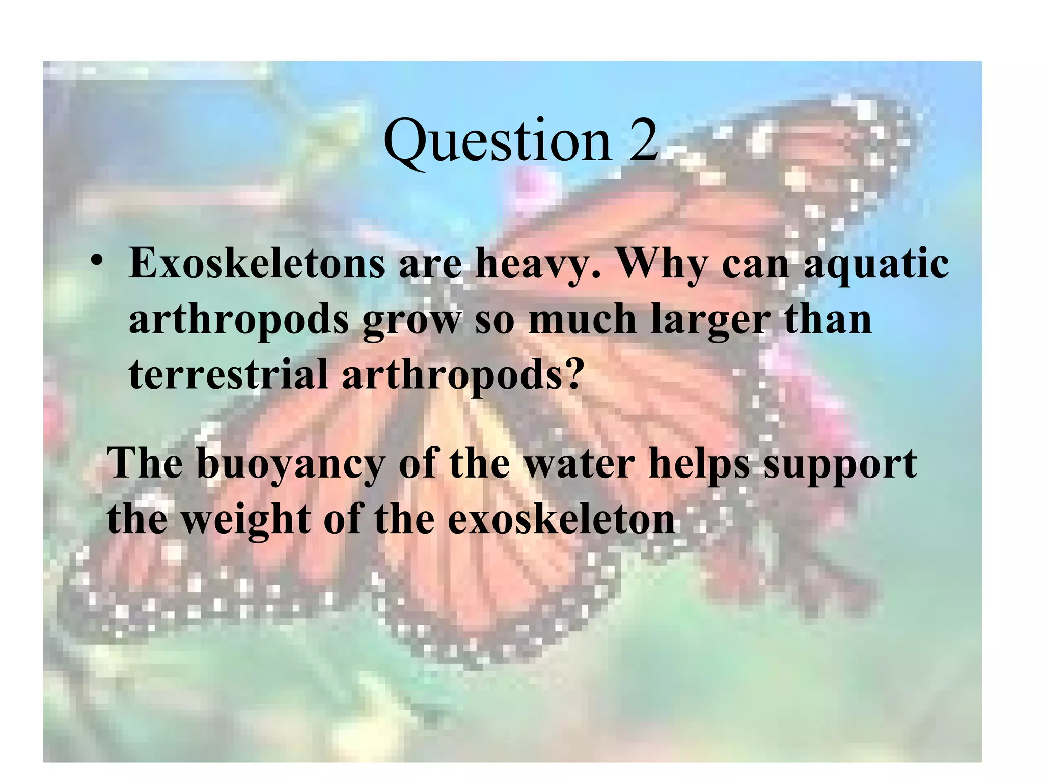 Question 2
• Exoskeletons are heavy. Why can aquatic
  arthropods grow so much larger than
  terrestrial arthropods?
The buoyancy of the water helps support
the weight of the exoskeleton
 
