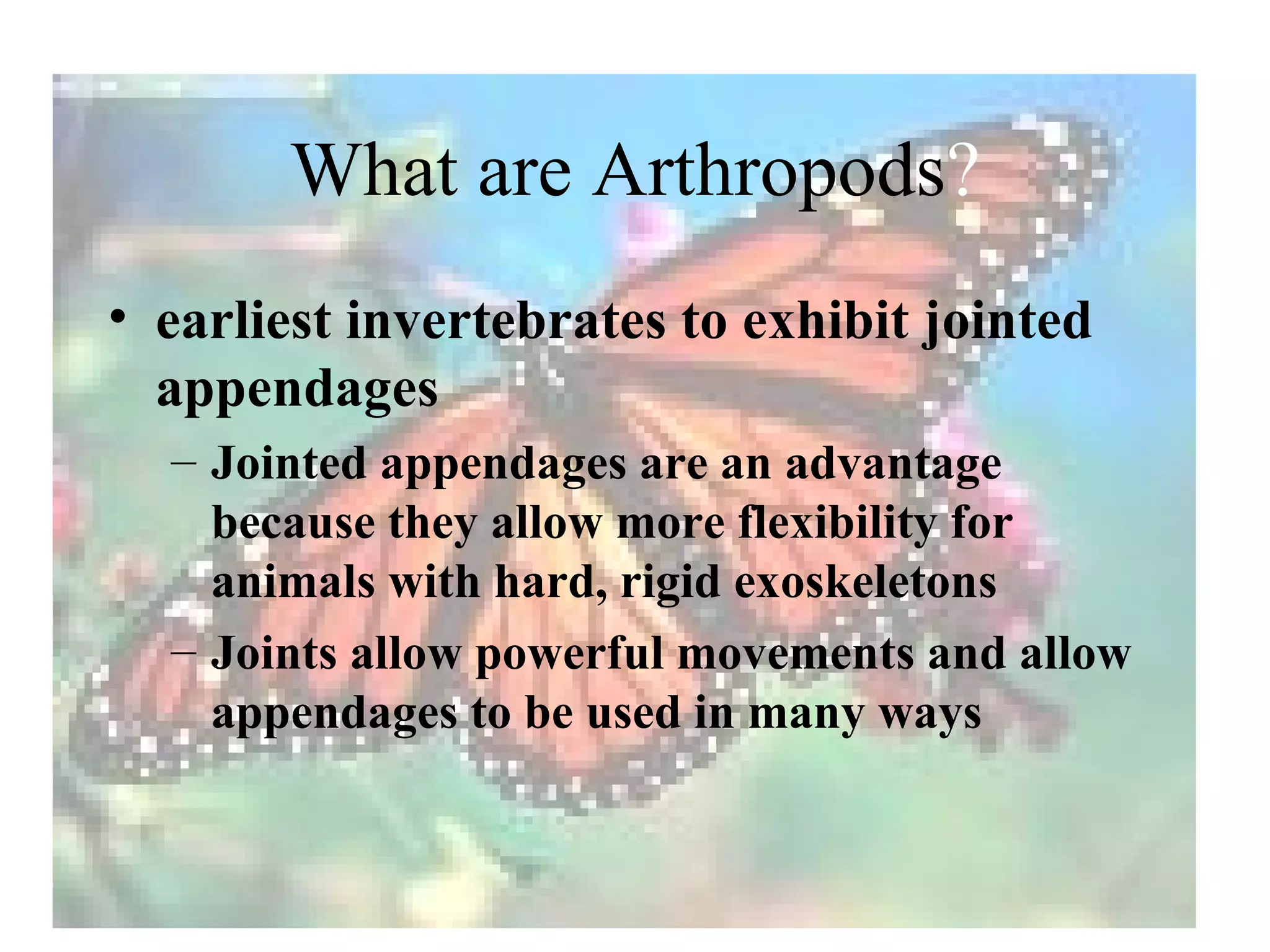 What are Arthropods?
• earliest invertebrates to exhibit jointed
  appendages
  – Jointed appendages are an advantage
    because they allow more flexibility for
    animals with hard, rigid exoskeletons
  – Joints allow powerful movements and allow
    appendages to be used in many ways
 