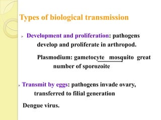 Types of biological transmission

       Development and proliferation: pathogens
           develop and proliferate in arthropod.

           Plasmodium: gametocyte mosquito great
                number of sporozoite

   Transmit by eggs: pathogens invade ovary,
        transferred to filial generation
    Dengue virus.
 
