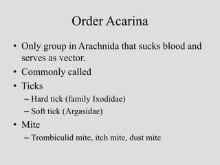 Order Acarina
• Only group in Arachnida that sucks blood and
serves as vector.
• Commonly called
• Ticks
– Hard tick (family Ixodidae)
– Soft tick (Argasidae)
• Mite
– Trombiculid mite, itch mite, dust mite
 