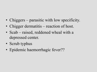 • Chiggers – parasitic with low specificity.
• Chigger dermatitis – reaction of host.
• Scab – raised, reddened wheal with a
depressed center.
• Scrub typhus
• Epidemic haemorrhagic fever??
 