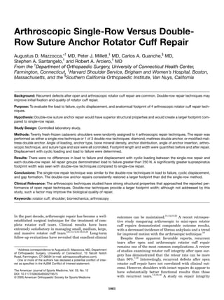 Arthroscopic Single-Row Versus Double-
Row Suture Anchor Rotator Cuff Repair
Augustus D. Mazzocca,*† MD, Peter J. Millett,‡ MD, Carlos A. Guanche,§ MD,
                      †                        †
Stephen A. Santangelo, and Robert A. Arciero, MD
         †
From the Department of Orthopaedic Surgery, University of Connecticut Health Center,
                         ‡
Farmington, Connecticut, Harvard Shoulder Service, Brigham and Women’s Hospital, Boston,
                       §
Massachusetts, and the Southern California Orthopaedic Institute, Van Nuys, California


Background: Recurrent defects after open and arthroscopic rotator cuff repair are common. Double-row repair techniques may
improve initial fixation and quality of rotator cuff repair.
Purpose: To evaluate the load to failure, cyclic displacement, and anatomical footprint of 4 arthroscopic rotator cuff repair tech-
niques.
Hypothesis: Double-row suture anchor repair would have superior structural properties and would create a larger footprint com-
pared to single-row repair.
Study Design: Controlled laboratory study.
Methods: Twenty fresh-frozen cadaveric shoulders were randomly assigned to 4 arthroscopic repair techniques. The repair was
performed as either a single-row technique or 1 of 3 double-row techniques: diamond, mattress double anchor, or modified mat-
tress double anchor. Angle of loading, anchor type, bone mineral density, anchor distribution, angle of anchor insertion, arthro-
scopic technique, and suture type and size were all controlled. Footprint length and width were quantified before and after repair.
Displacement with cyclic loading and load to failure were determined.
Results: There were no differences in load to failure and displacement with cyclic loading between the single-row repair and
each double-row repair. All repair groups demonstrated load to failure greater than 250 N. A significantly greater supraspinatus
footprint width was seen with double-row techniques compared to single-row repair.
Conclusions: The single-row repair technique was similar to the double-row techniques in load to failure, cyclic displacement,
and gap formation. The double-row anchor repairs consistently restored a larger footprint than did the single-row method.
Clinical Relevance: The arthroscopic techniques studied have strong structural properties that approached the reported per-
formance of open repair techniques. Double-row techniques provide a larger footprint width; although not addressed by this
study, such a factor may improve the biological quality of repair.
Keywords: rotator cuff; shoulder; biomechanics; arthroscopy




In the past decade, arthroscopic repair has become a well-                         outcomes can be maintained.11,14,21,22 A recent retrospec-
established surgical technique for the treatment of com-                           tive study comparing arthroscopic to mini-open rotator
plete rotator cuff tears. Clinical results have been                               cuff repairs demonstrated comparable outcome results,
extremely satisfactory in managing small, medium, large,                           with a decreased incidence of fibrous ankylosis and a trend
and massive rotator cuff tears.2,6,11,14,18,19,21,22 Long-term                     for improved motion with the arthroscopic technique.18
follow-up evaluations have revealed that excellent clinical                           Despite these apparent favorable reports, recurrent
                                                                                   tears after open and arthroscopic rotator cuff repair
                                                                                   remains one of the most common complications. A review
   *Address correspondence to Augustus D. Mazzocca, MD, Department                 of studies examining rotator cuff integrity after open sur-
of Orthopaedic Surgery, University of Connecticut, 10 Talcott Notch
Road, Farmington, CT 06034 (e-mail: admazzocca@yahoo.com).                         gery has demonstrated that the retear rate can be more
   One or more of the authors has declared a potential conflict of inter-          than 50%.7,10 Interestingly, recurrent defects after open
est as specified in the AJSM Conflict of Interest statement.                       rotator cuff repair have not correlated with clinical out-
                                                                                   come. However, shoulders with intact repairs do appear to
The American Journal of Sports Medicine, Vol. 33, No. 12
                                                                                   have substantially better functional results than those
DOI: 10.1177/0363546505279575
© 2005 American Orthopaedic Society for Sports Medicine                            with recurrent tears.7,8,10,16 A study on repair integrity


                                                                            1861
 
