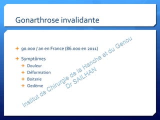Gonarthrose	
  invalidante	
  
	
  
Ê  90.000	
  /	
  an	
  en	
  France	
  (86.000	
  en	
  2011)	
  
Ê  Symptômes	
  
Ê  Douleur	
  
Ê  Déformation	
  
Ê  Boiterie	
  
Ê  Oedème	
  
 