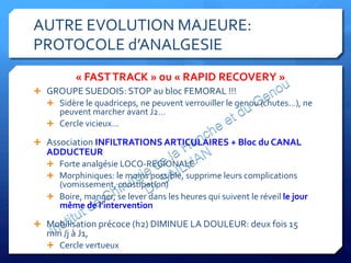 AUTRE	
  EVOLUTION	
  MAJEURE:	
  
PROTOCOLE	
  d’ANALGESIE	
  
Ê  GROUPE	
  SUEDOIS:	
  STOP	
  au	
  bloc	
  FEMORAL	
  !!!	
  
Ê  Sidère	
  le	
  quadriceps,	
  ne	
  peuvent	
  verrouiller	
  le	
  genou	
  (chutes…),	
  ne	
  
peuvent	
  marcher	
  avant	
  J2…	
  
Ê  Cercle	
  vicieux…	
  
Ê  Association	
  INFILTRATIONS	
  ARTICULAIRES	
  +	
  Bloc	
  du	
  CANAL	
  
ADDUCTEUR	
  
Ê  Forte	
  analgésie	
  LOCO-­‐REGIONALE	
  
Ê  Morphiniques:	
  le	
  moins	
  possible,	
  supprime	
  leurs	
  complications	
  
(vomissement,	
  constipation)	
  
Ê  Boire,	
  manger,	
  se	
  lever	
  dans	
  les	
  heures	
  qui	
  suivent	
  le	
  réveil	
  le	
  jour	
  
même	
  de	
  l’intervention	
  
Ê  Mobilisation	
  précoce	
  (h2)	
  DIMINUE	
  LA	
  DOULEUR:	
  deux	
  fois	
  15	
  
min	
  /j	
  à	
  J1,	
  
Ê  Cercle	
  vertueux	
  
«	
  FAST	
  TRACK	
  »	
  ou	
  «	
  RAPID	
  RECOVERY	
  »	
  
 
